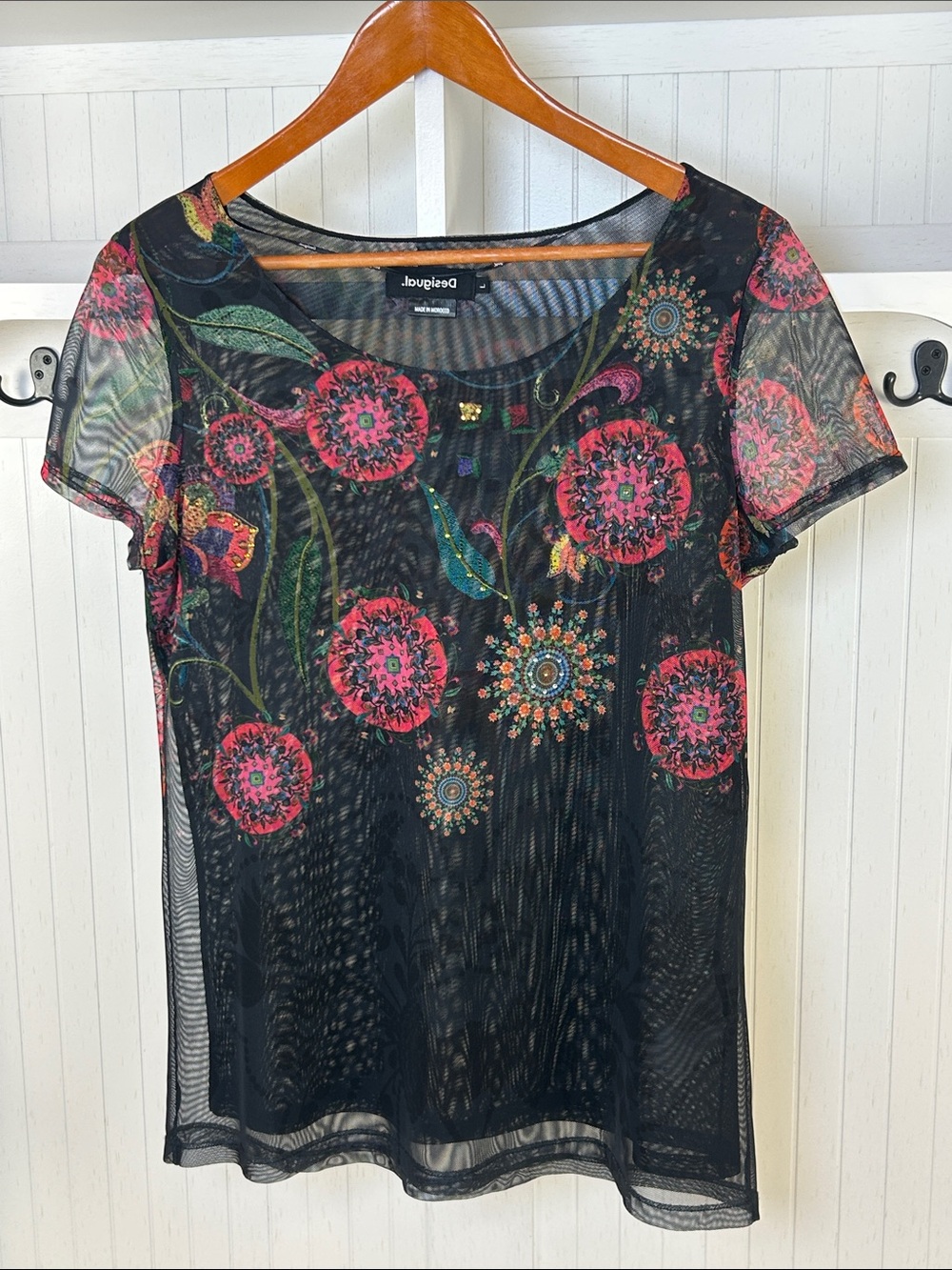 Desigual Black Sheer Mesh Floral Rhinestone Top L
